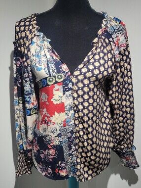 Shannon Passero Women's Mixed Print Button Front Blouse XS Red Blue Boho Indie